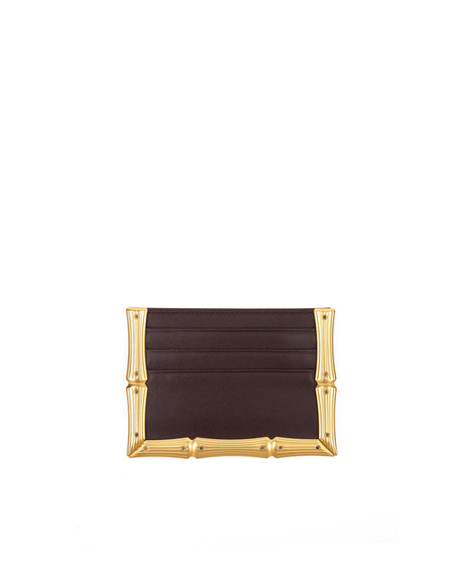 Back of Bamboo B Cardholder in Dark Brown leather with 6 card slots and brass bamboo embossed trim